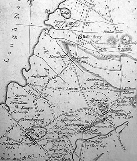 Moira area map showing the roads in 1777