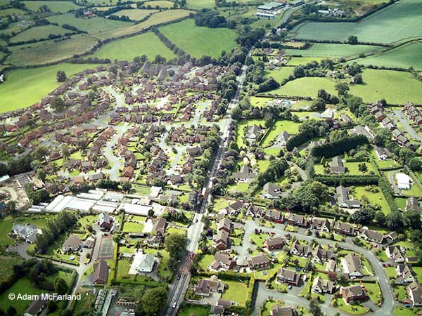 Aerial view of Moira from above the roundabout